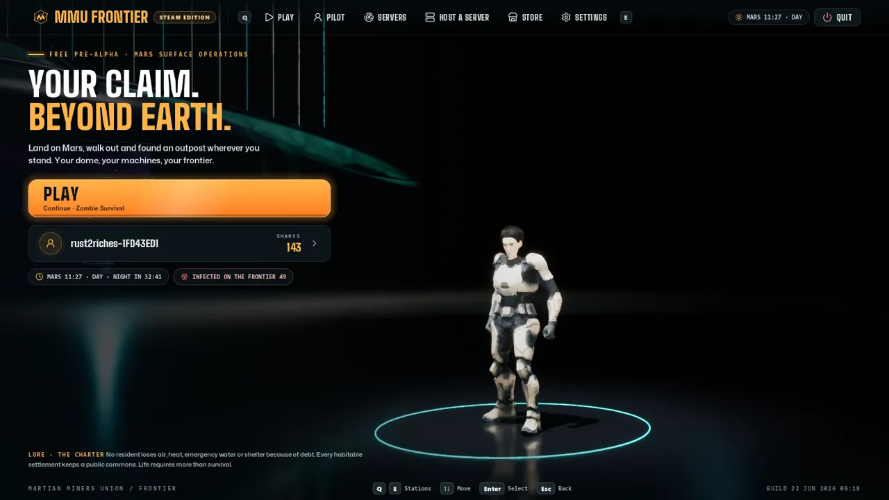The game's menu: a pilot on a lit ring, the PLAY button and the pilot's shares