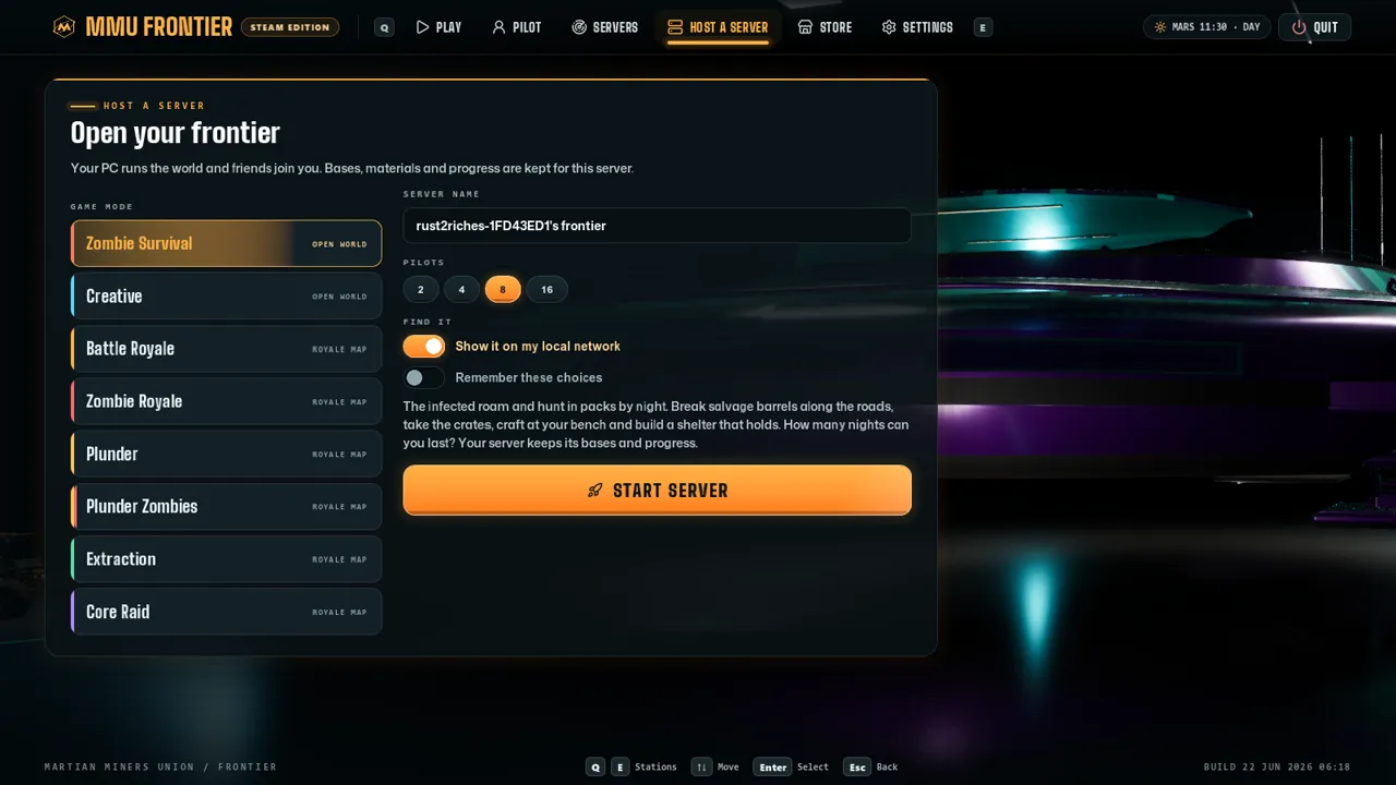 Host a server: Zombie Survival, Creative, Battle Royale, Plunder, Extraction, Core Raid