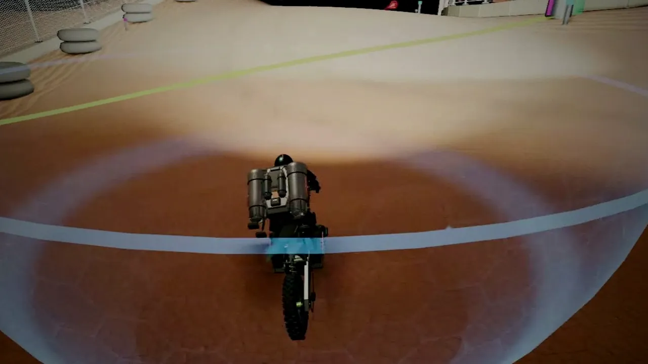A pilot on a motorcycle inside a shield