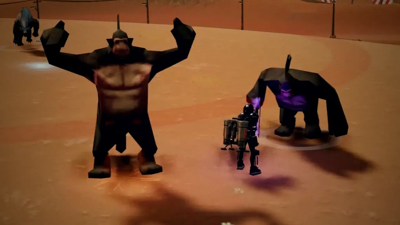 A pilot facing two great creatures on the open sand
