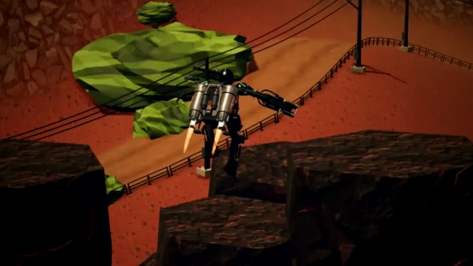 The game itself: a pilot flies a jetpack over the red ground of Mars
