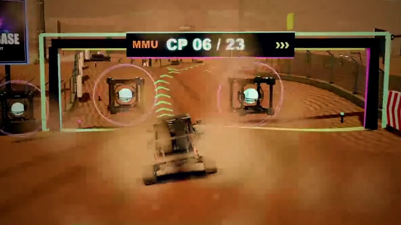A buggy passing a checkpoint gate between two item rings