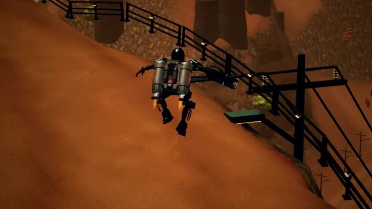 A pilot flying a jetpack along a ridge