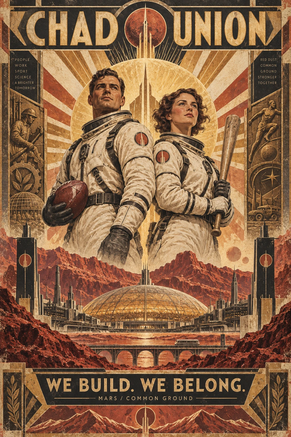 A Union poster: two pilots under the words CHAD UNION, WE BUILD. WE BELONG.